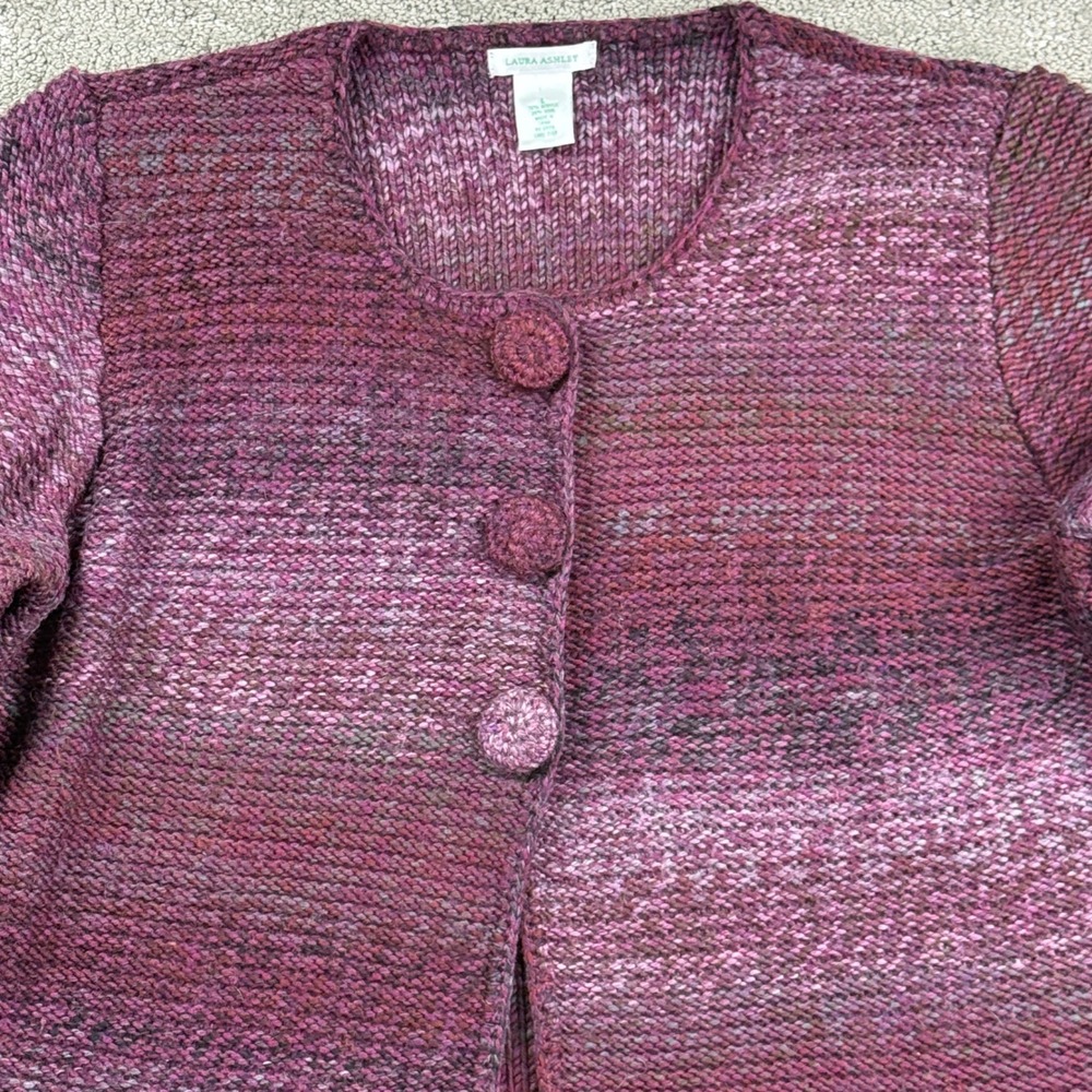 Laura Ashley Cardigan Sweater Womens L Purple Wool Blend Chunky Knit Cottagecore